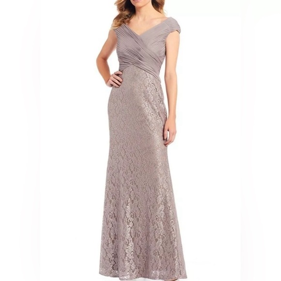 Eliza J Taupe Brown Formal Evening Gown Dress Lace Bottom Ruching Women’s Size 4 - Picture 1 of 16